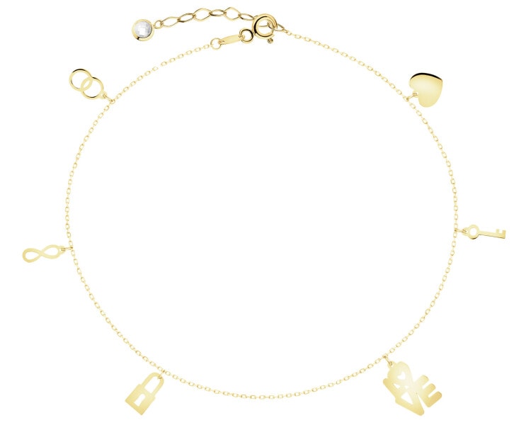 Złota bransoletka z cyrkonią - nieskończoność, kłódka, love, kluczyk, serce