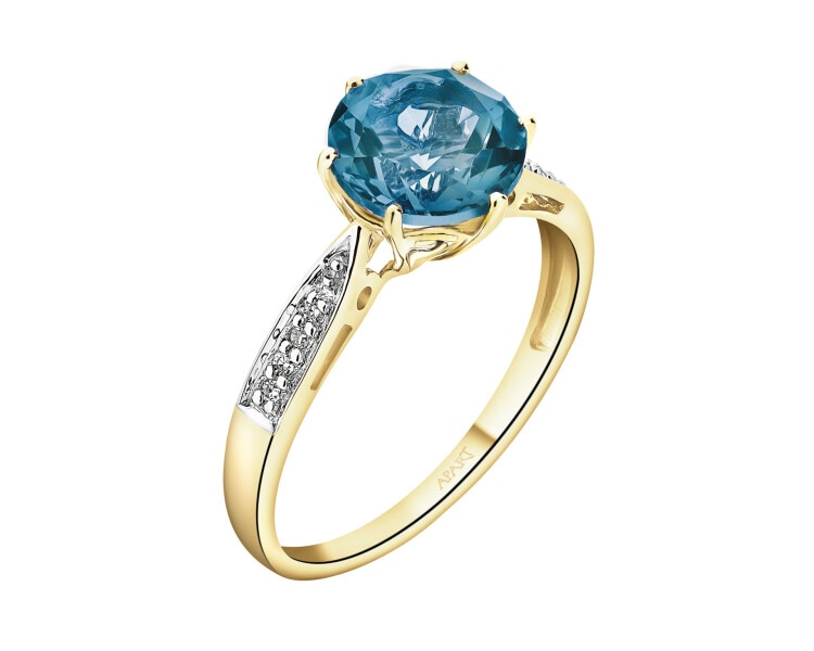 Pierścionek z żółtego złota z diamentami i topazem London Blue - próba 585