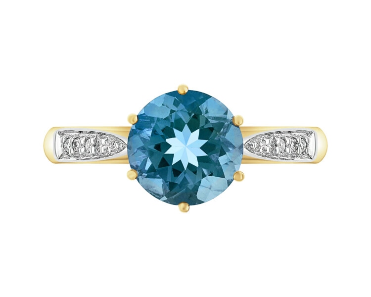 Pierścionek z żółtego złota z diamentami i topazem London Blue - próba 585