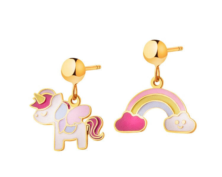 Złote kolczyki z emalią - jednorożec, tęcza, chmurki