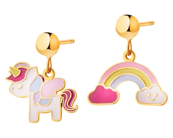 Zlaté náušnice se smaltem - jednorožec, duha, obláčky