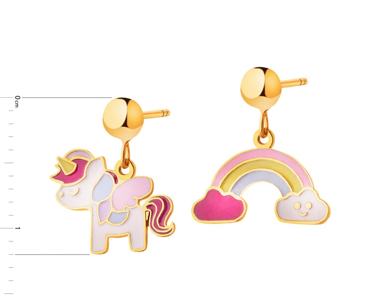 Złote kolczyki z emalią - jednorożec, tęcza, chmurki