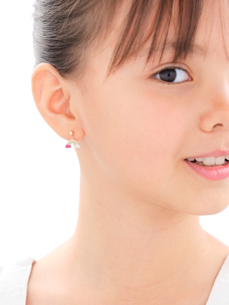 Złote kolczyki z emalią - jednorożec, tęcza, chmurki