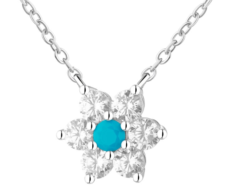 Naszyjnik srebrny z cyrkoniami i turkusem syntetycznym - kwiat