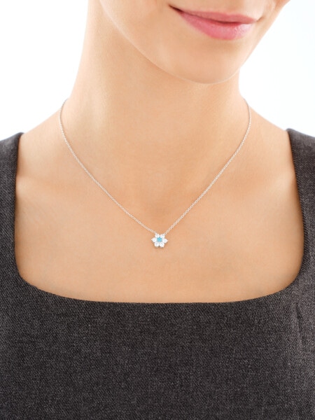 Naszyjnik srebrny z cyrkoniami i turkusem syntetycznym - kwiat