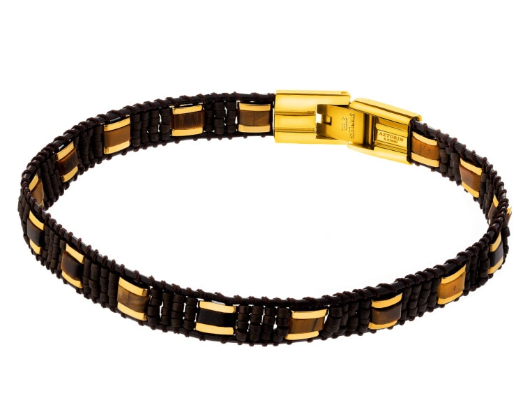 Stainless Steel, Leather Bracelet with Glass