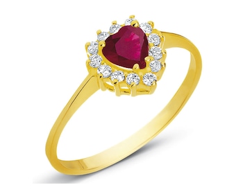 Złoty pierścionek z rubinem syntetycznym i cyrkoniami - serce 