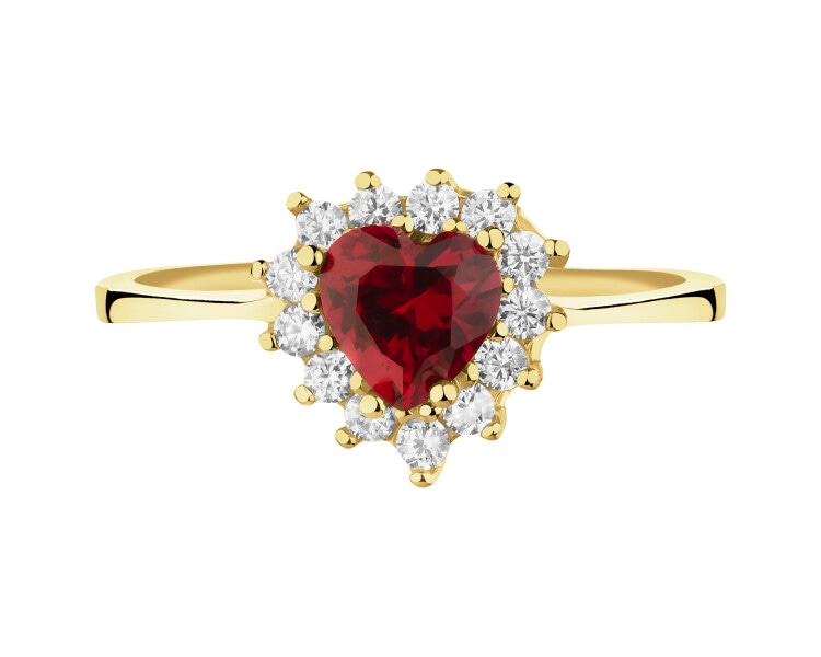 Złoty pierścionek z rubinem syntetycznym i cyrkoniami - serce