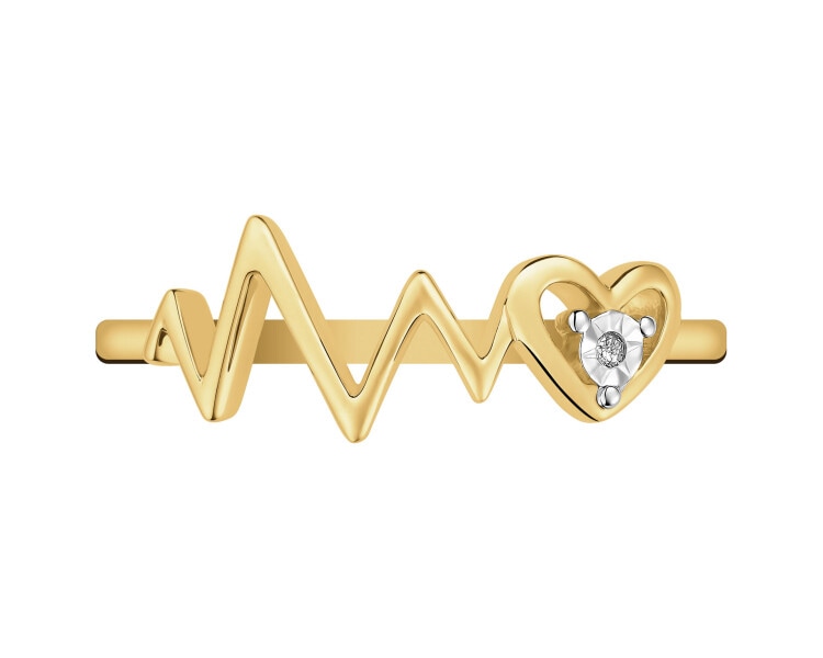 Pierścionek z żółtego złota z diamentem - serce, EKG serca - 0,005 ct - próba 375