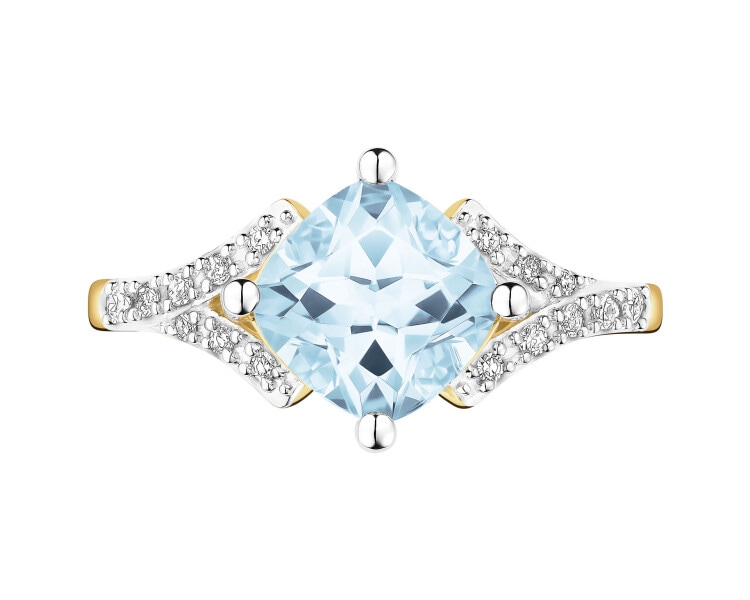 Pierścionek z żółtego złota z diamentami i topazem Sky Blue - próba 585