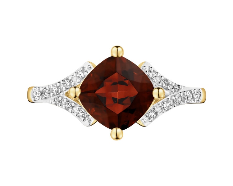 Zlatý prsten s diamanty a granátem - ryzost 585
