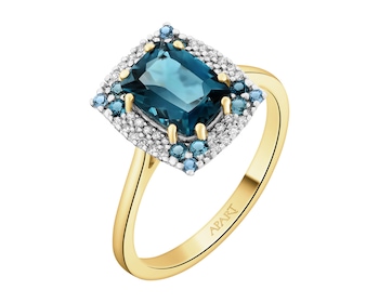 Pierścionek z żółtego złota z brylantami i topazami London Blue - próba 585