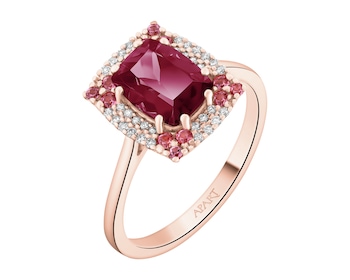 Pierścionek z różowego złota z brylantami i rodolitami - próba 585