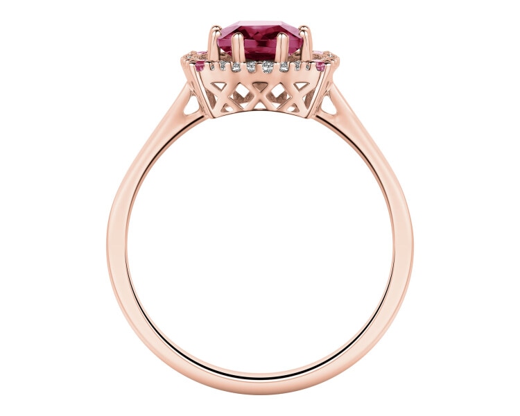 Pierścionek z różowego złota z brylantami i rodolitami - ryzost 585