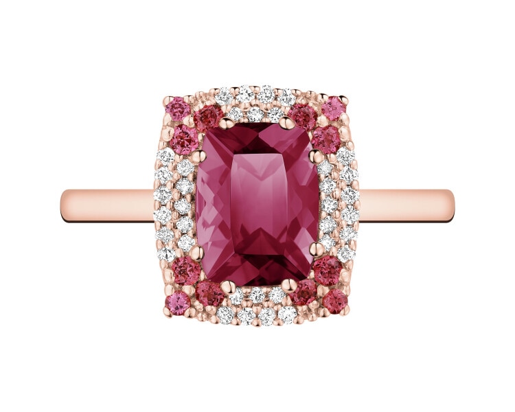 Pierścionek z różowego złota z brylantami i rodolitami - ryzost 585