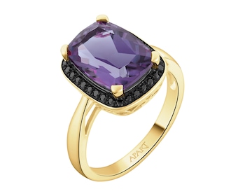 Pierścionek z żółtego złota z czarnymi brylantami i ametystem - próba 585