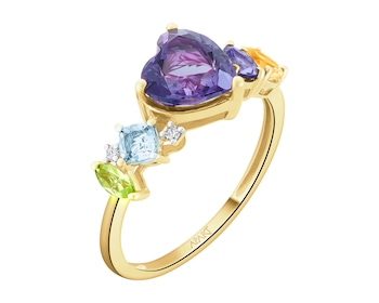 Pierścionek z żółtego złota z brylantami i kamieniami ozdobnymi - serce - próba 585