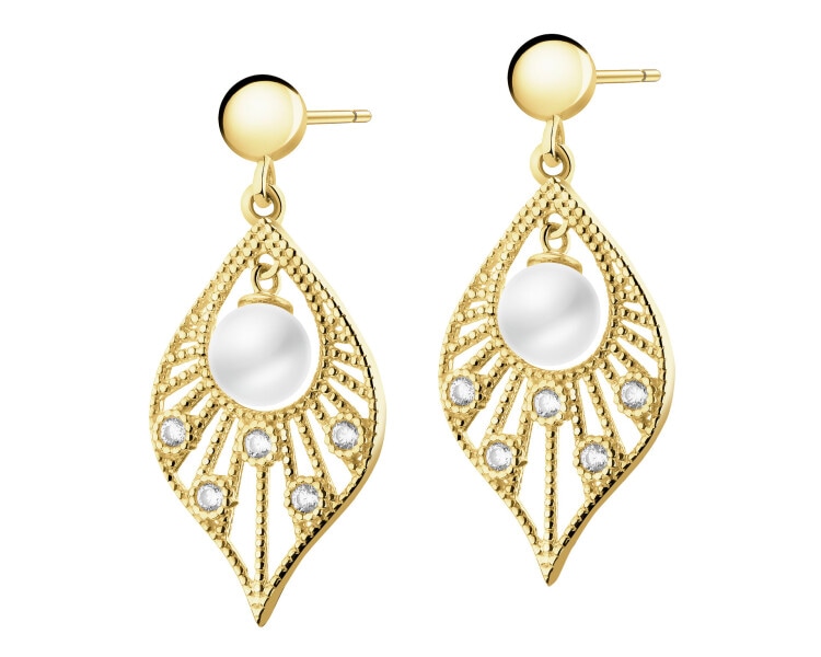 Złote kolczyki z perłami i cyrkoniami