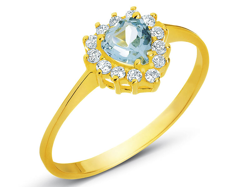 Złoty pierścionek z topazem naturalnym i cyrkoniami - serce 