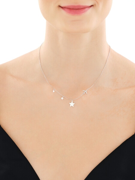 Naszyjnik srebrny z cyrkoniami - samolot, serca