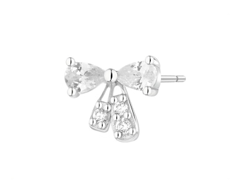 Pojedynczy srebrny kolczyk z cyrkoniami - kokardka