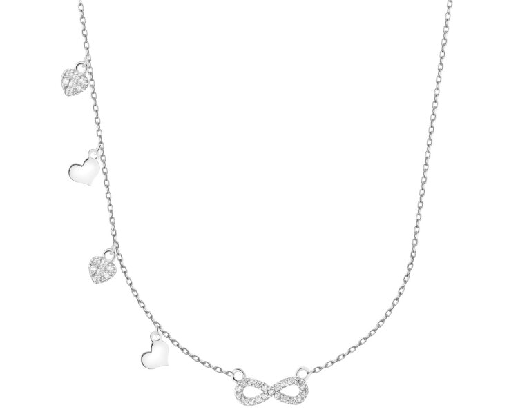 Naszyjnik srebrny z cyrkoniami - serca, nieskończoność