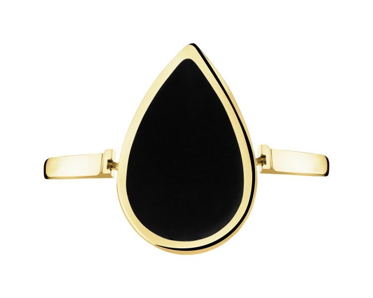 Złoty pierścionek z onyksem syntetycznym - łezka