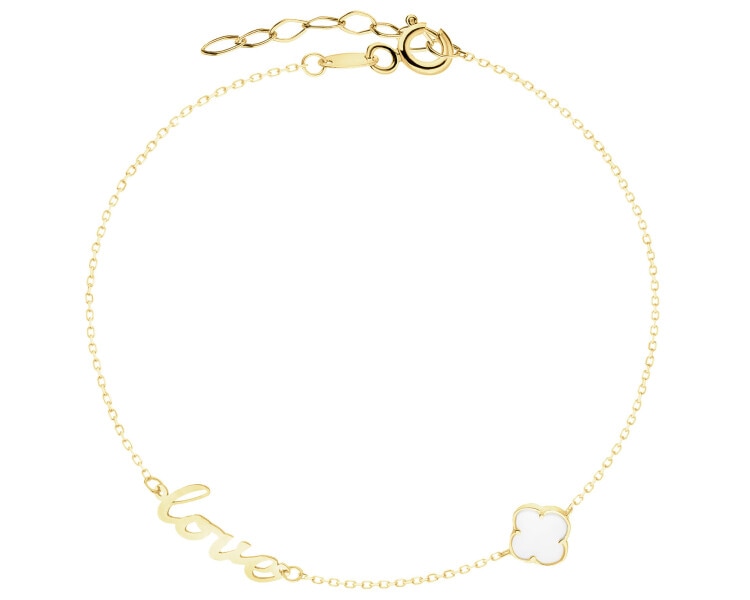 Złota bransoletka z masą perłową - love, koniczyna