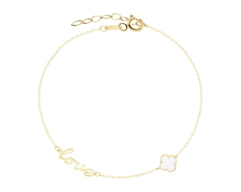 Złota bransoletka z masą perłową - love, koniczyna