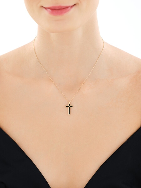 Złoty naszyjnik z onyksem syntetycznym - krzyż