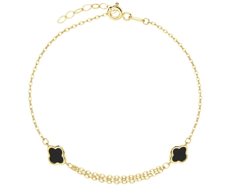 Złota bransoletka z onyksami syntetycznymi - koniczyny