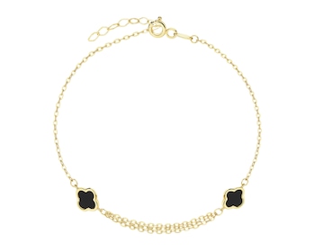 Złota bransoletka z onyksami syntetycznymi - koniczyny