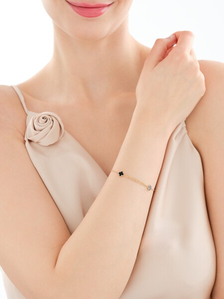 Złota bransoletka z onyksami syntetycznymi - koniczyny