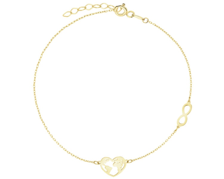 Złota bransoletka - serce, mapa świata, nieskończoność
