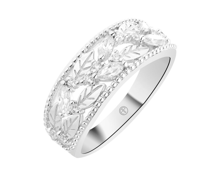 Pierścionek srebrny z cyrkoniami - liście