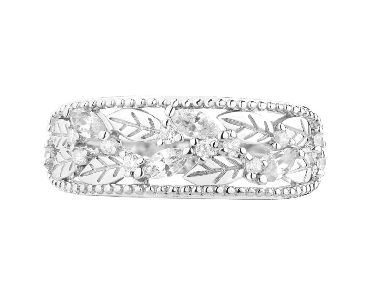 Stříbrný prsten se zirkony - listy