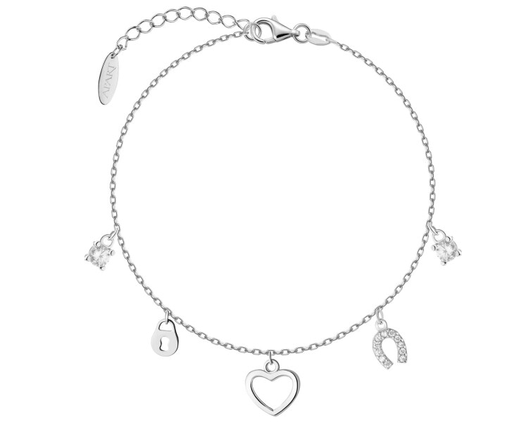 Bransoletka srebrna z cyrkoniami - serce, podkowa, kłódka