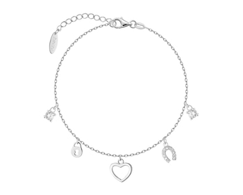 Bransoletka srebrna z cyrkoniami - serce, podkowa, kłódka