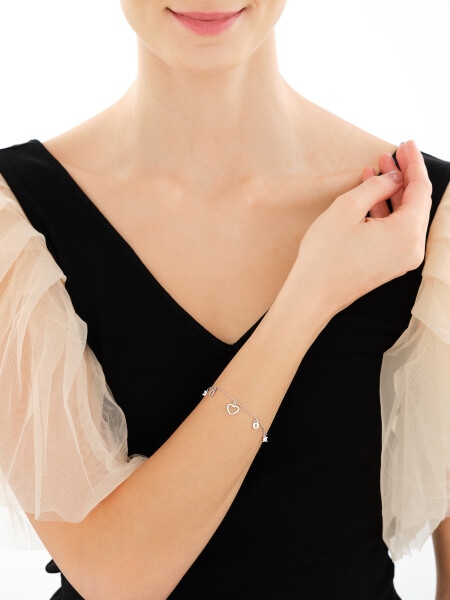 Bransoletka srebrna z cyrkoniami - serce, podkowa, kłódka