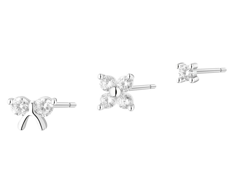 Souprava tří stříbrných náušnic se zirkony – mašle, květ