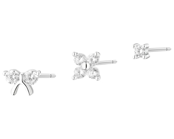 Zestaw trzech srebrnych kolczyków z cyrkoniami - kokardka, kwiat