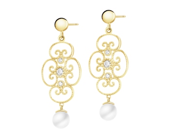 Złote kolczyki z perłami i cyrkoniami
