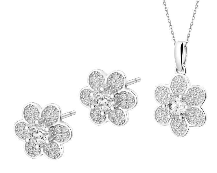 Stříbrné náušnice a přívěsek se zirkony - květy