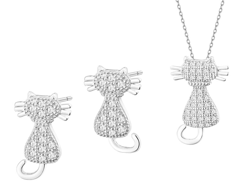 Srebrne kolczyki i zawieszka z cyrkoniami - koty