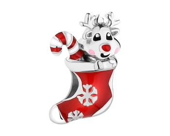 Zawieszka srebrna beads z emalią - Święta, renifer, skarpeta świąteczna