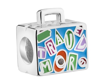 Zawieszka srebrna beads z emalią i cyrkoniami - walizka, podróże