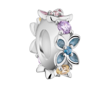 Zawieszka srebrna beads - stoper - z cyrkoniami i emalią - kwiaty