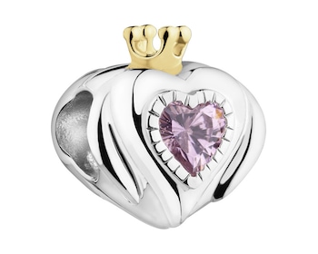 Zawieszka srebrna beads z cyrkoniami - serce, korona