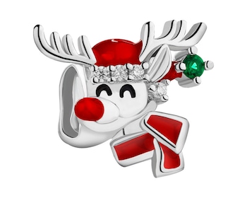 Zawieszka srebrna beads z cyrkoniami i emalią - renifer, Święta