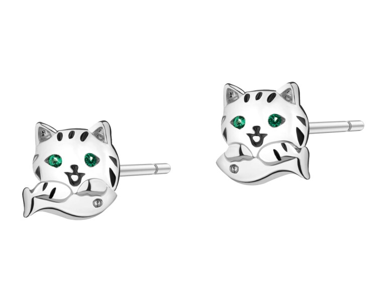 Kolczyki srebrne z cyrkoniami i emalią - koty, ryby